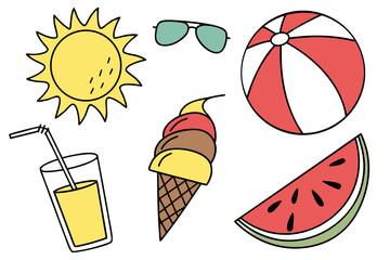 Summer vacation icons with sun, ice cream, watermelon, and beach ball
