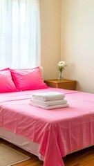 Cozy bedroom with a neatly made bed covered in pink linens and white towels