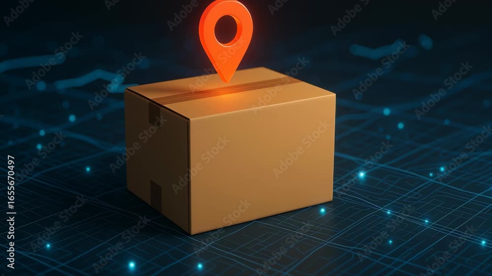 Poster glowing location pin cardboard box highlights global package tracking and delivery with efficient in