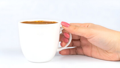 Womans Hand Holding Coffee Mug with Pink Nail Polish White Background.