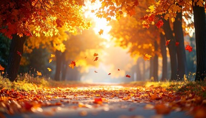 A cinematic autumn scene with multicolored foliage leaves gently falling from above onto the forest floor, bathed in dramatic lighting that highlights the serene, vibrant, and peaceful seasonal nature