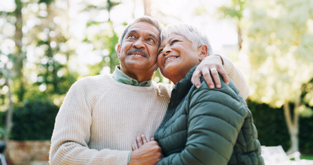 Fototapeta premium Happy, embrace and senior couple in garden, relationship and bonding together with romance. Outdoor, support and man with woman, funny or retirement with marriage, love or explore with care or relax