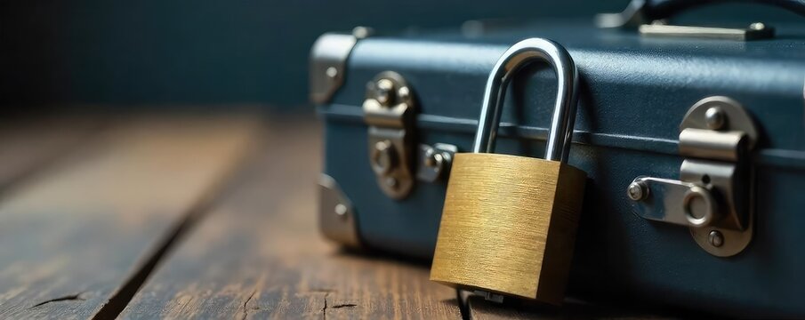 Close-up of a strong, reliable padlock securing a metal briefcase on a wooden surface, symbolizing the concept of secure personal belongings and data protection , reliable, digital, metal