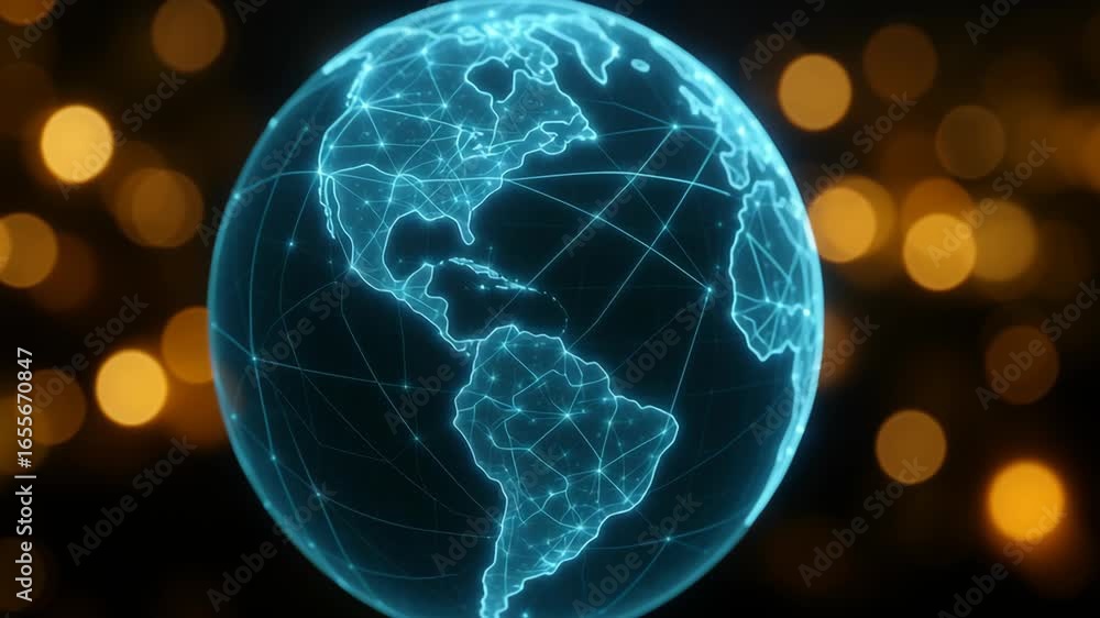 Poster global network connection on digital earth with glowing lines and dots showing interconnected invent