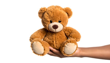 Obraz premium Adorable Brown Teddy Bear Held Gently in a Human Hand Isolated.