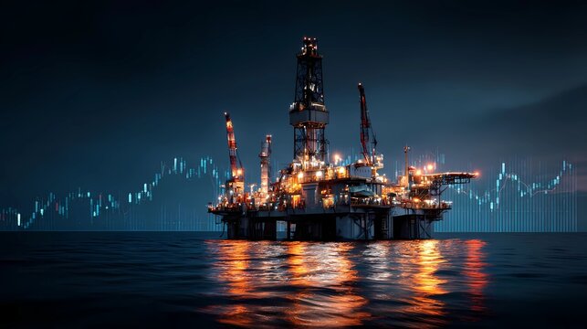 Wide panoramic shot of an offshore oil platform at night, illuminated with bright lights, financial holographic graphs floating in the sky symbolizing global energy business  - Powered by Adobe