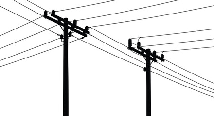 Electric utility poles, power lines silhouette, electrical transmission cables, energy infrastructure, electrical poles and wires, power distribution system, urban electric network,