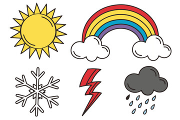 Weather symbols sun, rainbow, rain, snowflake, and lightning bolt