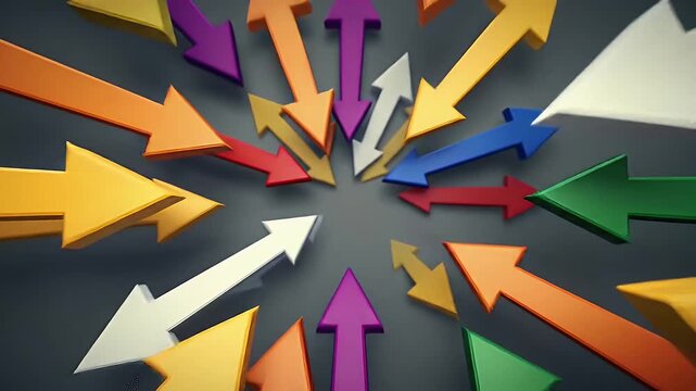 Abstract Many Colorful Arrows Pointing to Center in Gray Background