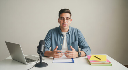 A man in a blue shirt and glasses, sitting at a desk with a laptop and microphone, talking to the camera.