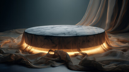 stepped marble podium, circular marble podium, luxury product display, flowing silk fabric, warm soft lighting, product mockup background