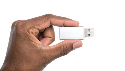 Closeup of a Hand Holding a White USB Flash Drive Against White Background.