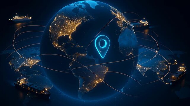 Global inventory system with illuminated earth and cargo ships connected by digital lines showing worldwide logistics