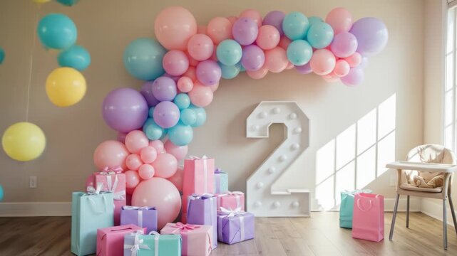 A pastel themed party decoration with balloons and gifts for a second birthday celebration