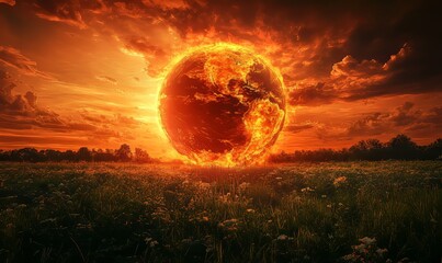 Harsh reality of climate change depicted through a burning globe under a fiery red sky, contrasting with a lush, green, and thriving environment, symbolizing the need for action against, Generative AI