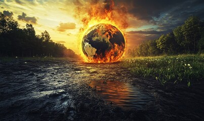 Harsh reality of climate change depicted through a burning globe under a fiery red sky, contrasting with a lush, green, and thriving environment, symbolizing the need for action against, Generative AI