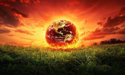 Harsh reality of climate change depicted through a burning globe under a fiery red sky, contrasting with a lush, green, and thriving environment, symbolizing the need for action against, Generative AI