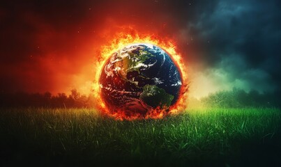 Harsh reality of climate change depicted through a burning globe under a fiery red sky, contrasting with a lush, green, and thriving environment, symbolizing the need for action against, Generative AI