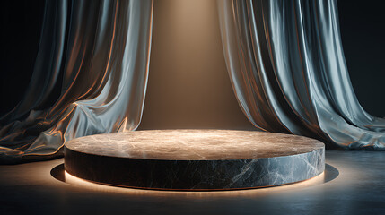 stepped marble podium, circular marble podium, luxury product display, flowing silk fabric, warm soft lighting, product mockup background