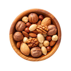 Assorted nuts in wooden bowl isolated on transparent background