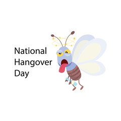 National Hangover Day. Concept of a flat funny bee suffering from an alcohol overdose. The day after the party with booze and alcohol. Headaches, nausea, dizziness, and alcohol addiction problems.