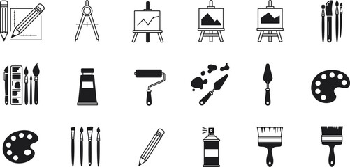 Obraz premium Vector Art Tools Icon Set, Drawing, Painting, Creativity, Design, Art Supplies, Brush, Pencil, Palette, Easel, Professional Artist Toolkit, Studio Equipment