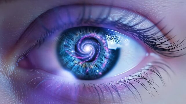 Close-up of a human eye with a swirling galaxy or nebula effect inside the iris, creating a surreal and cosmic visual.