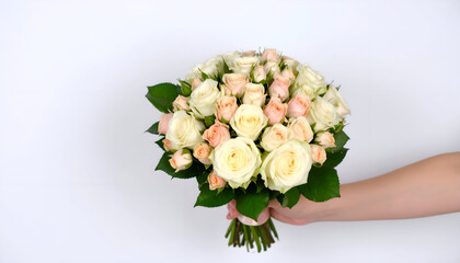 Hand Holding a Beautiful Bouquet of Pastel Roses Against White Background.