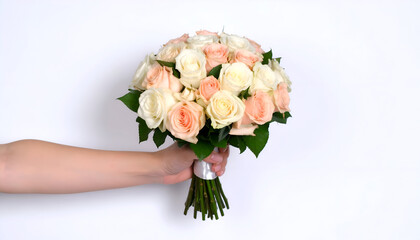 Hand Holding a Beautiful Bouquet of Pastel Roses on White Background.