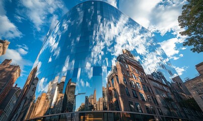 Glossy glass facade of a towering skyscraper reflecting clear blue skies and fluffy clouds, creating a mesmerizing mirror effect, symbolizing modern architectural design and urban, Generative AI
