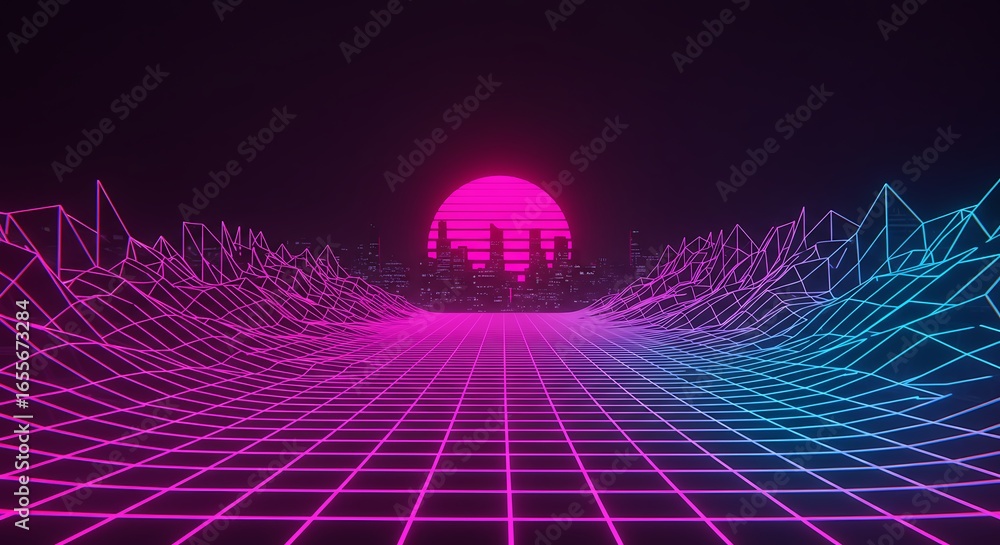 Poster retro futuristic synthwave landscape with a glowing neon grid and vibrant sun. digital 1980s inspire