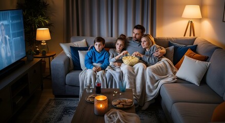 Family Enjoying Movie Night Together on Cozy Sofa.