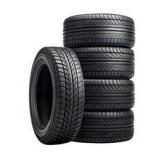 Stack of car tires and one tire in front isolated on transparent background