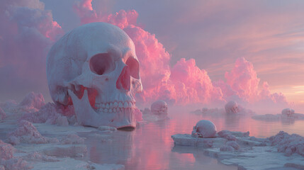 Surreal landscape featuring large skulls surrounded by soft pink clouds and water, evoking