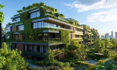 Illustrative concept of a green, sustainable urban area, showcasing eco-friendly buildings and lush greenery, emphasizing the importance of environmentally conscious urban planning, Generative AI