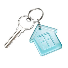 Silver house key with a blue house shaped keychain isolated on transparent background