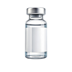 Clear glass medical vial with silver cap and blank label isolated on transparent background