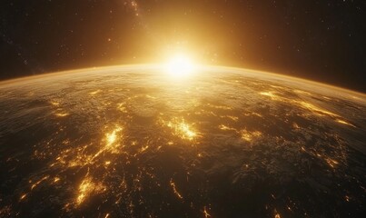 Breathtaking view of a sunrise from space, with golden rays illuminating the curvature of the Earth against a vast, starry cosmos, symbolizing the beauty and vastness of the universe, Generative AI