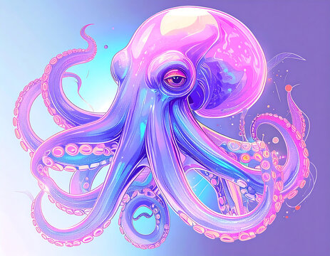 Vibrant Purple Octopus Illustration with Swirling Tentacles and Fantasy Flair