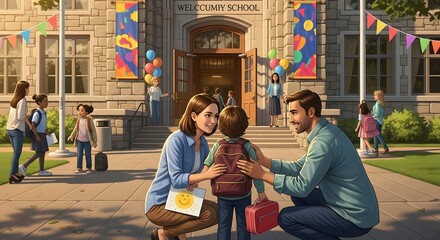 Family Saying Goodbye at School Entrance.