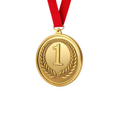Gold medal with red ribbon for first place winner isolated on transparent background