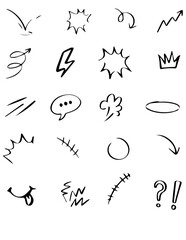 Obraz premium Doodle hand drawn cute cartoon expression sign. Line curve arrows, emoticon elements, symbols. Vector illustration