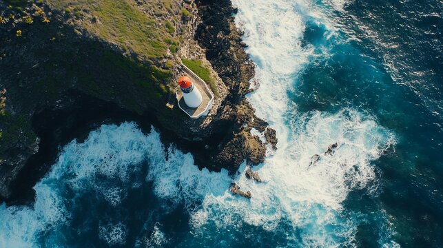 Dramatic aerial view of a lighthouse on a rugged coastline with crashing waves