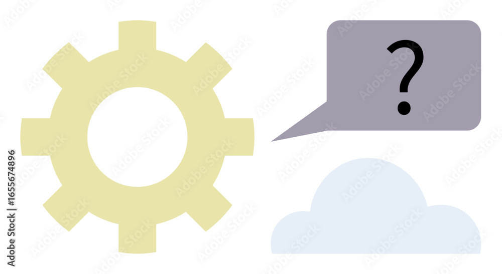 Poster gear symbolizing process, speech bubble with question mark for inquiry, cloud for abstraction. ideal