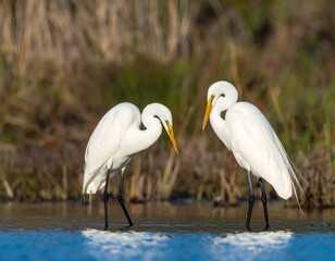 Obraz premium Two egrets interacting by a marsh