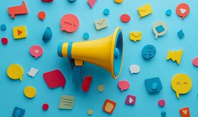 Marketing concept with a megaphone and speech bubbles, illustrating effective communication strategies in advertising, with a focus on trends, psychology, and engagement through, Generative AI