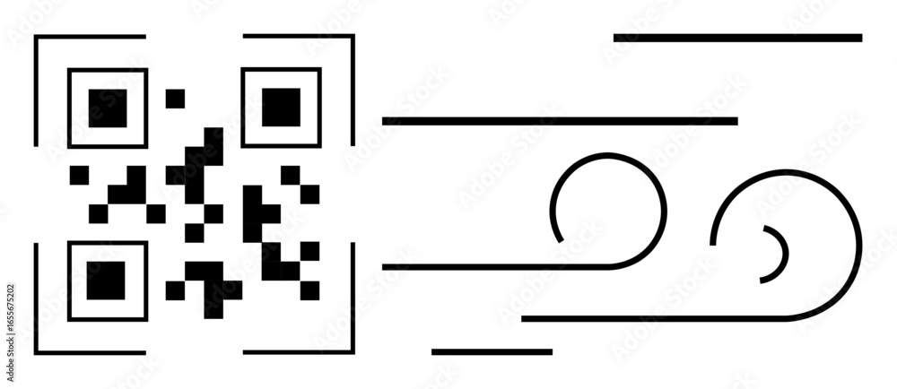 Poster qr code paired with flowing abstract wind-thumbs up lines symbolizing data transfer, efficiency, spe