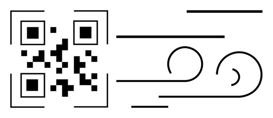 QR code paired with flowing abstract wind-thumbs up lines symbolizing data transfer, efficiency, speed, and connectivity. Ideal for tech, innovation, digital transformation, branding, advertising