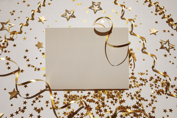 Festive mockup with empty paper blank top view. New Year, birthday or party celebration background.