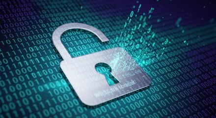 A metallic padlock with a glowing keyhole on a digital background with binary code.